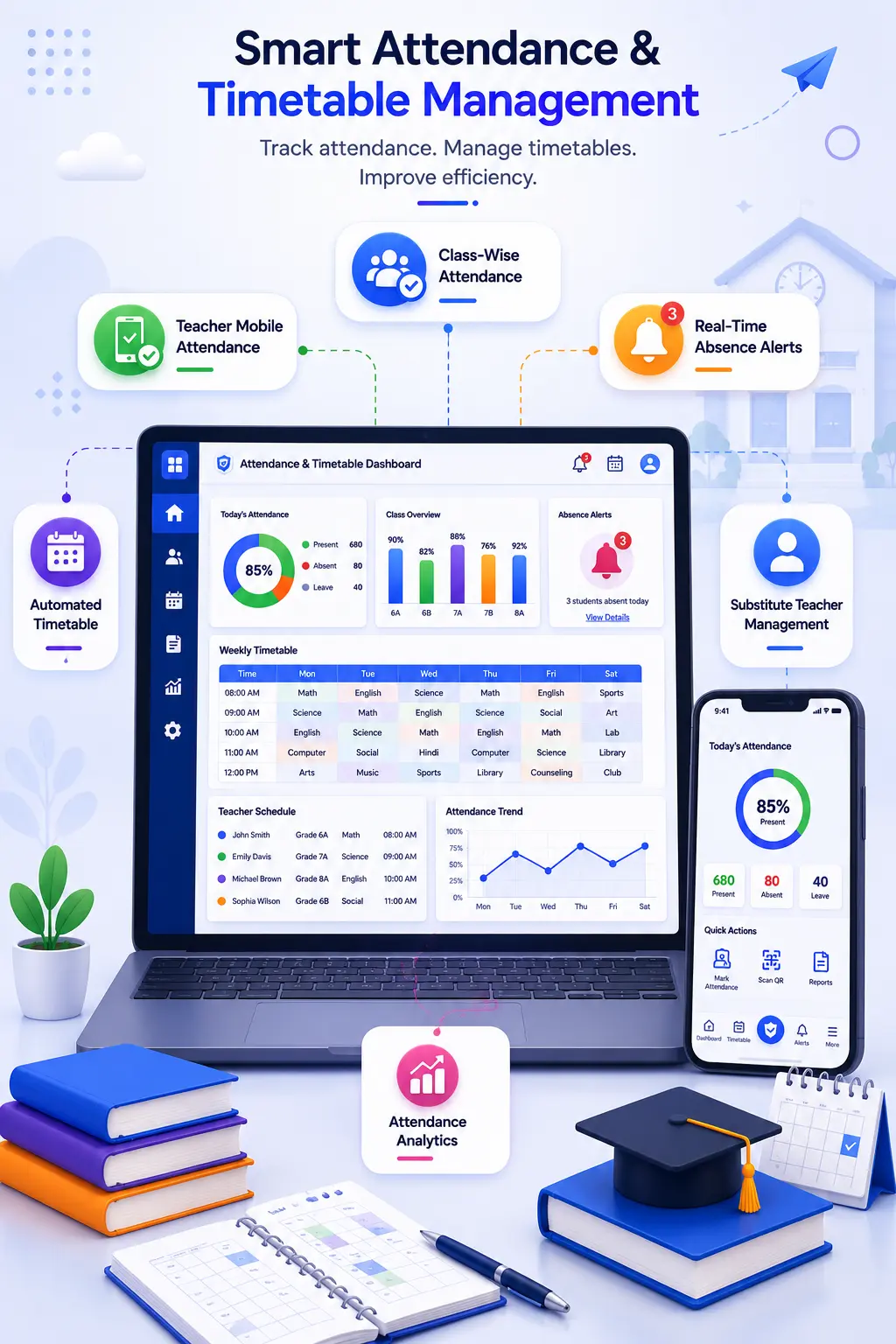 SchoolX attendance monitoring dashboard showing daily class attendance status