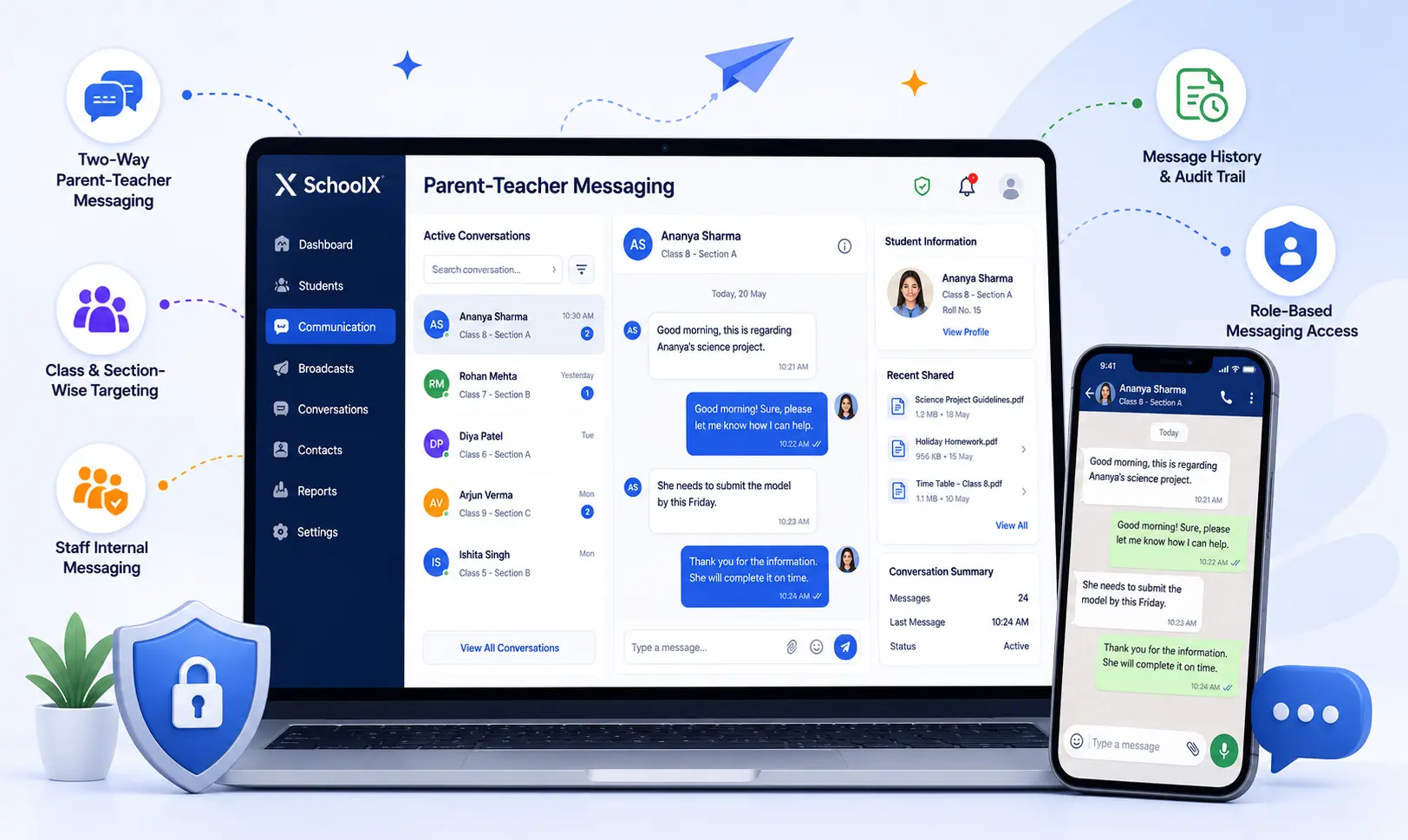 Parent app showing school notifications and announcements