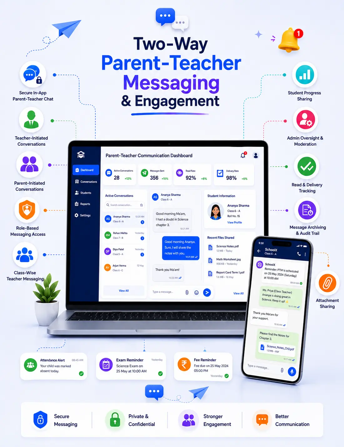Parent-teacher two-way messaging interface in SchoolX app
