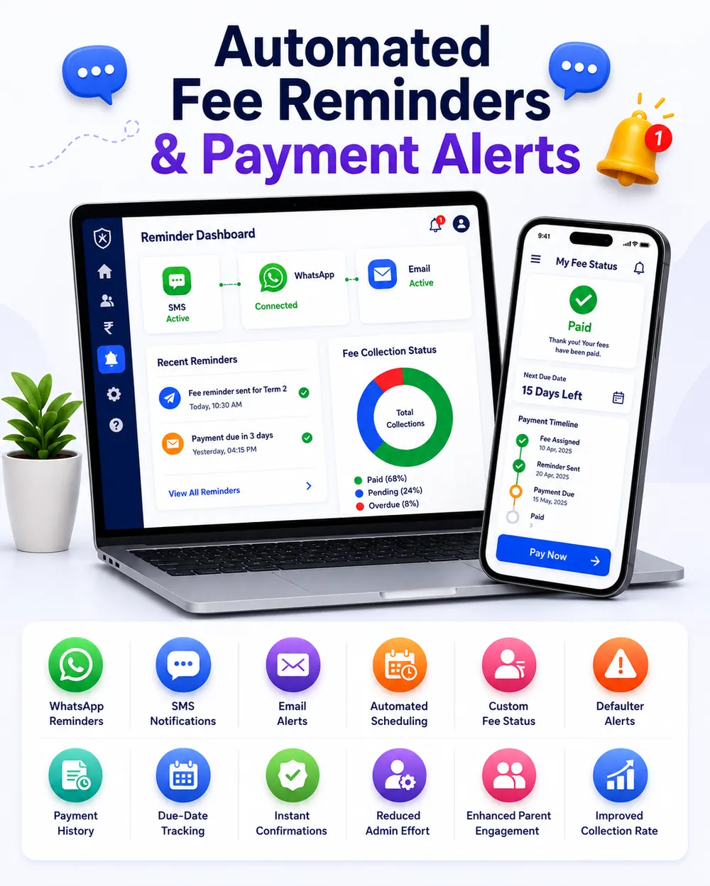 Automated fee reminder notifications sent to parents via SMS and app