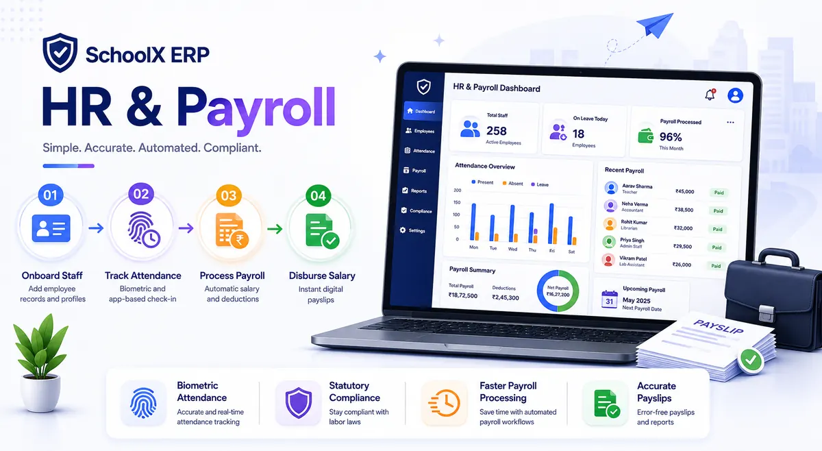 School HR and payroll software dashboard overview