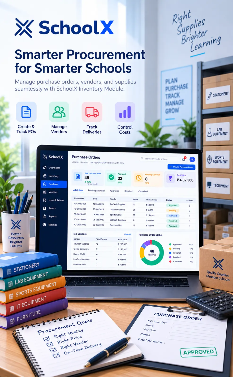 Purchase orders and vendor management in SchoolX inventory module