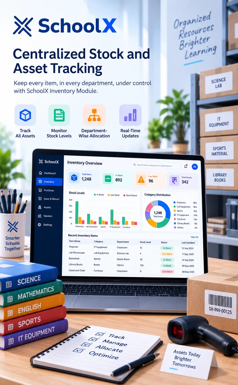 Centralized stock and asset tracking in SchoolX inventory module