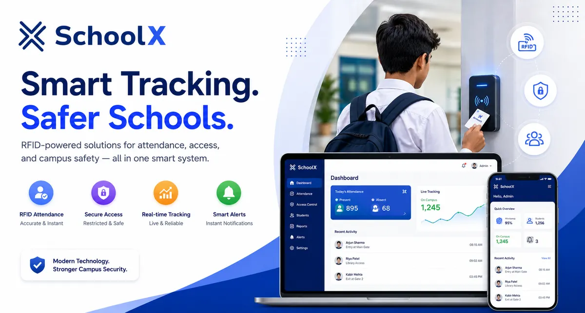 SchoolX RFID system — student scanning RFID card at school gate with real-time parent notification on mobile