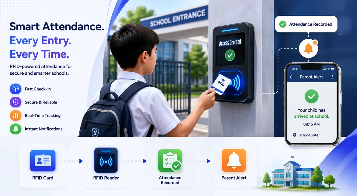 Student tapping RFID card at school entry gate — automated check-in with instant parent notification