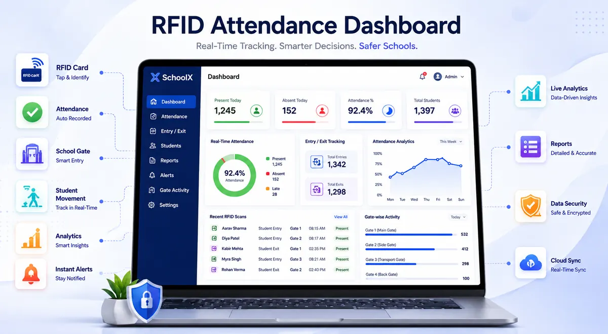 SchoolX ERP RFID dashboard showing real-time student attendance and entry/exit log