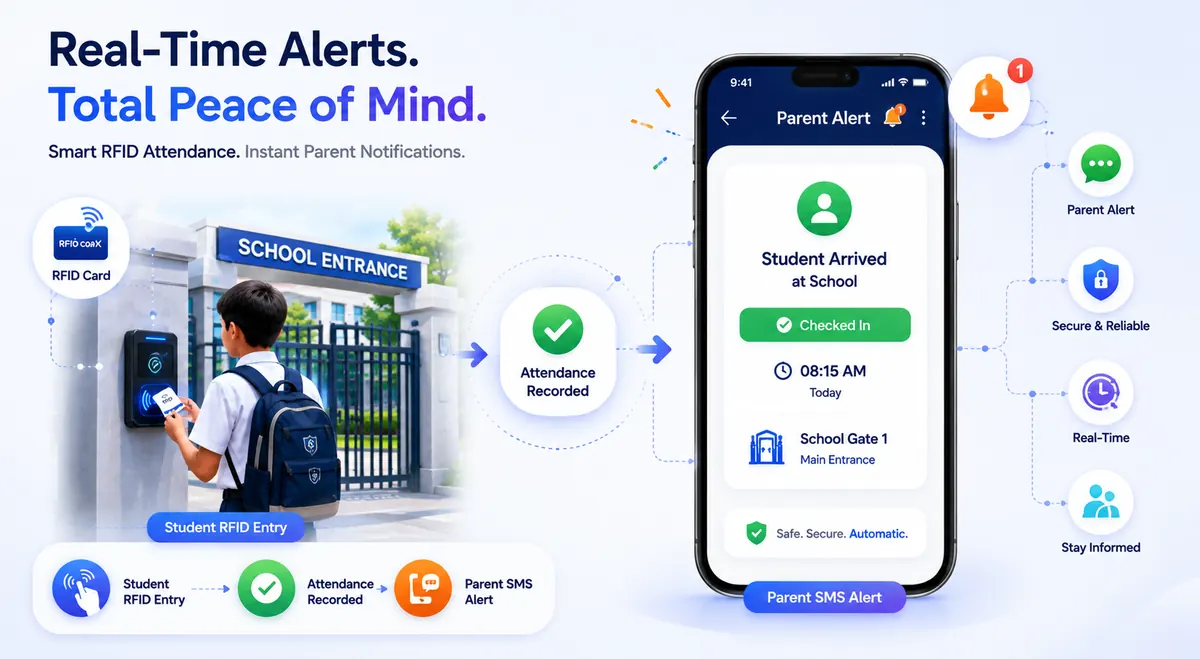 Parent receiving real-time SMS alert on mobile phone when child arrives at school via RFID