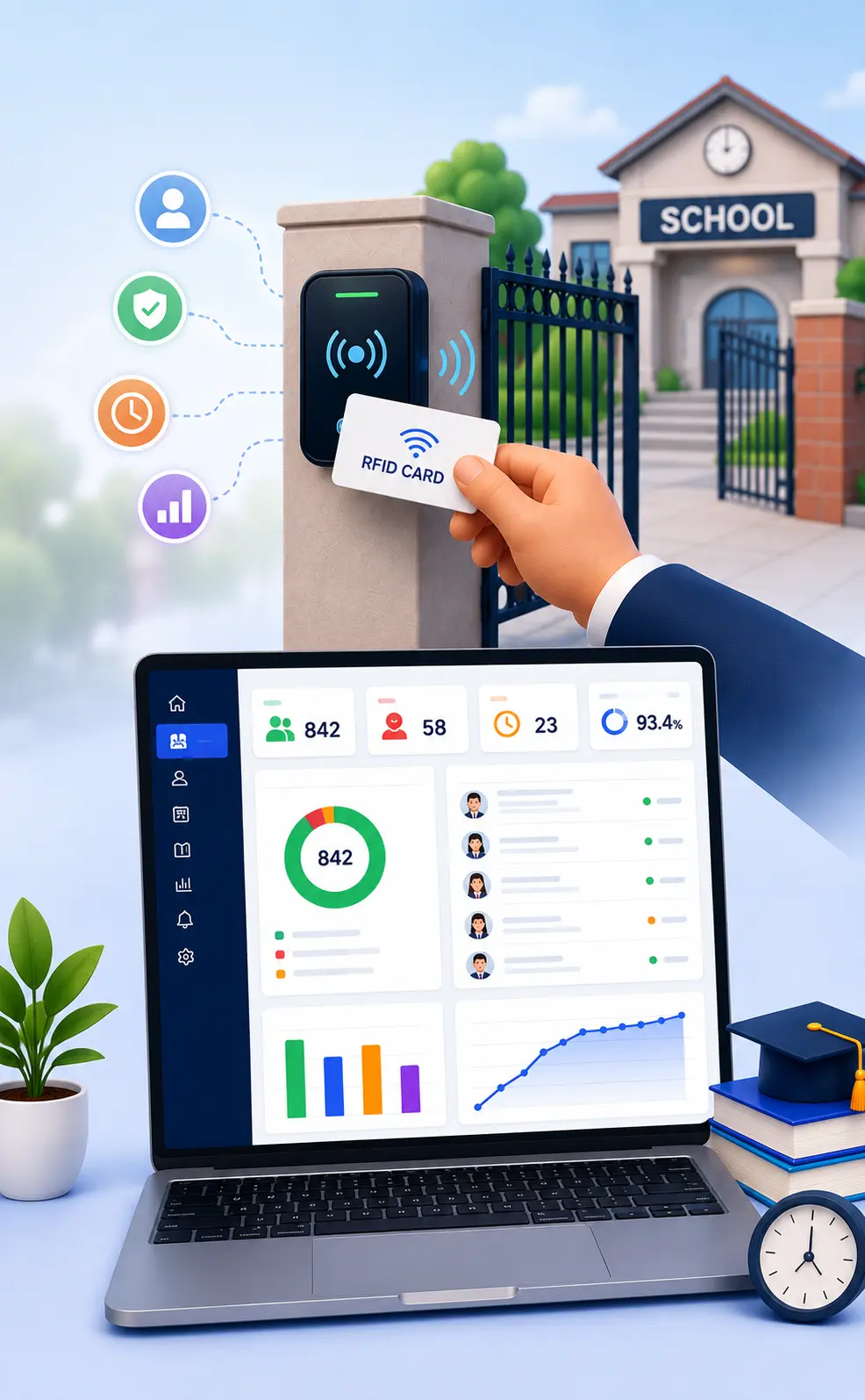 SchoolX RFID attendance system dashboard — real-time student check-in log with present, absent, and late status for all classes