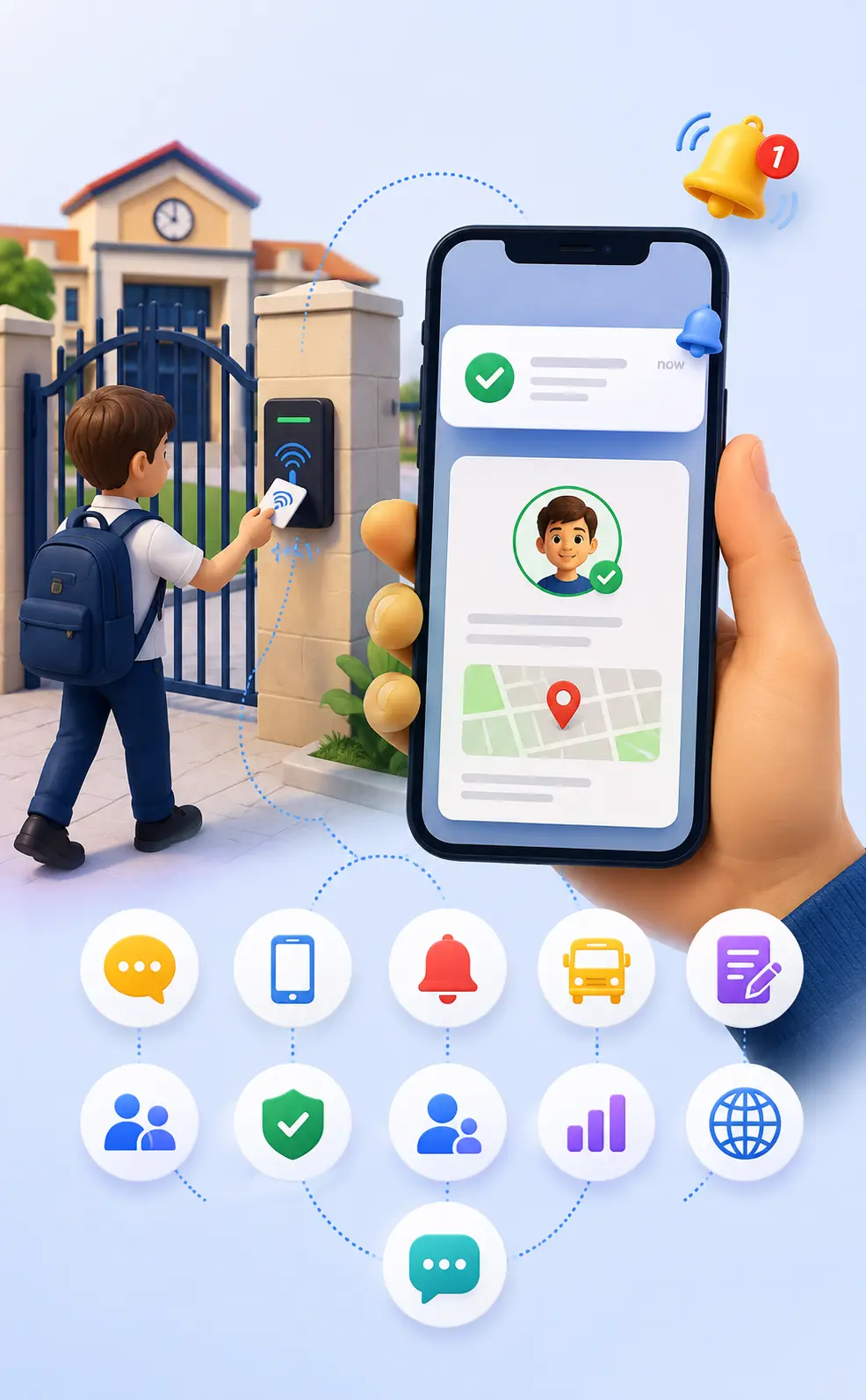 Parent receiving real-time mobile notification — child arrived at school via RFID gate scan with timestamp and location