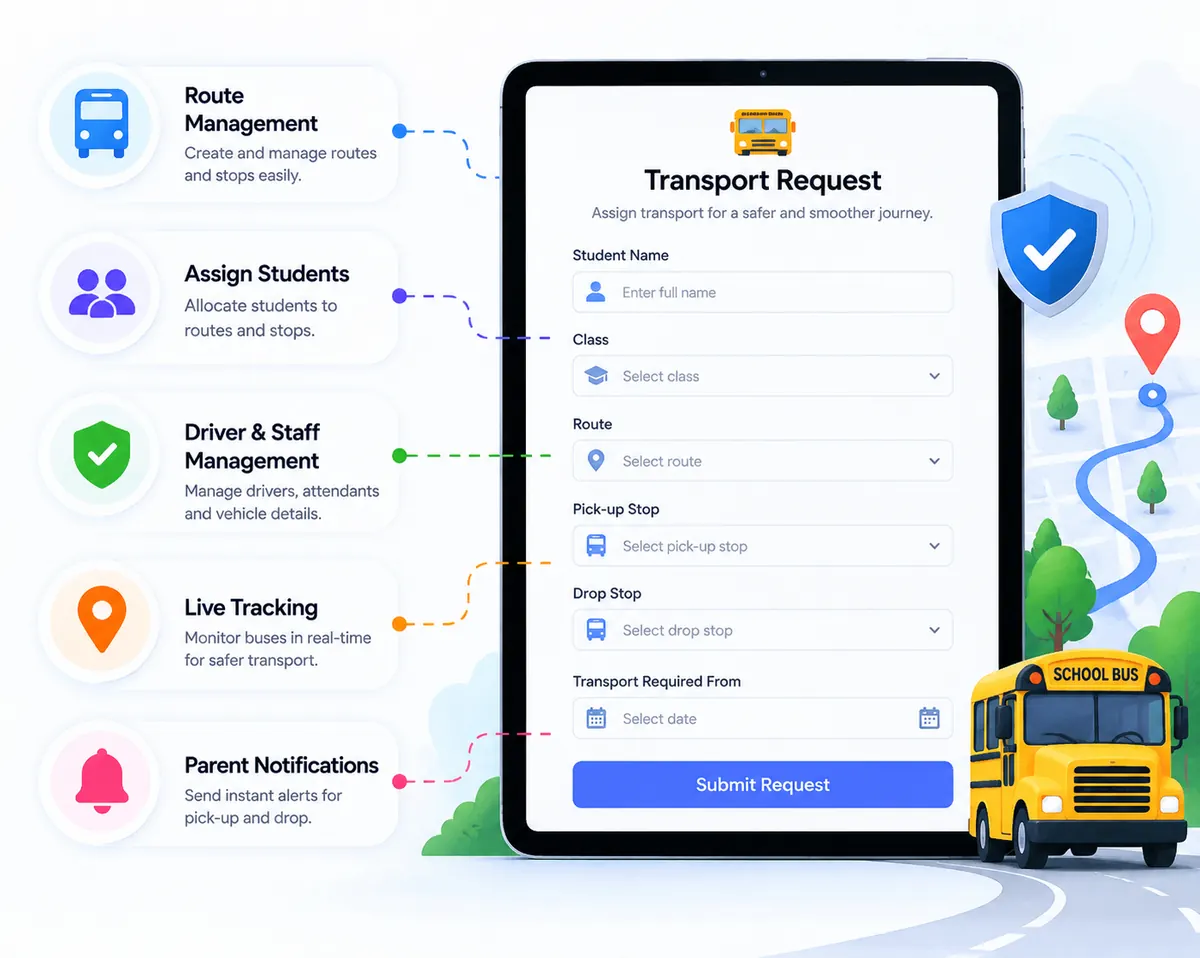 School transport dashboard showing routes and student assignments