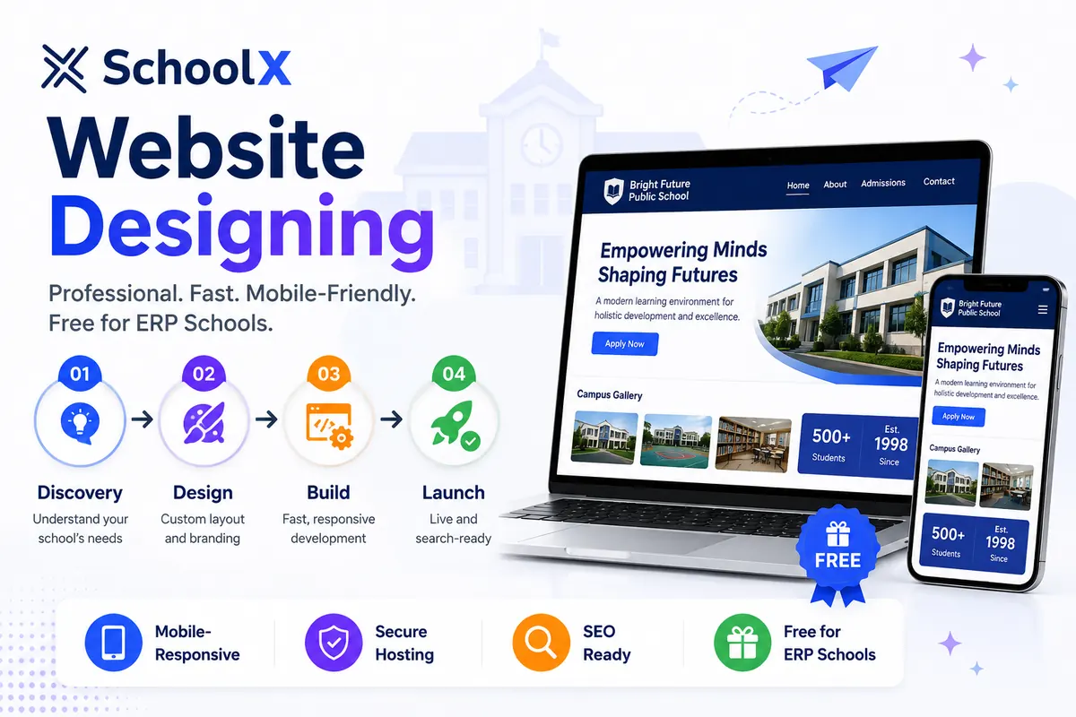 School website design and development services by SchoolX Technologies — professional school homepage mockup