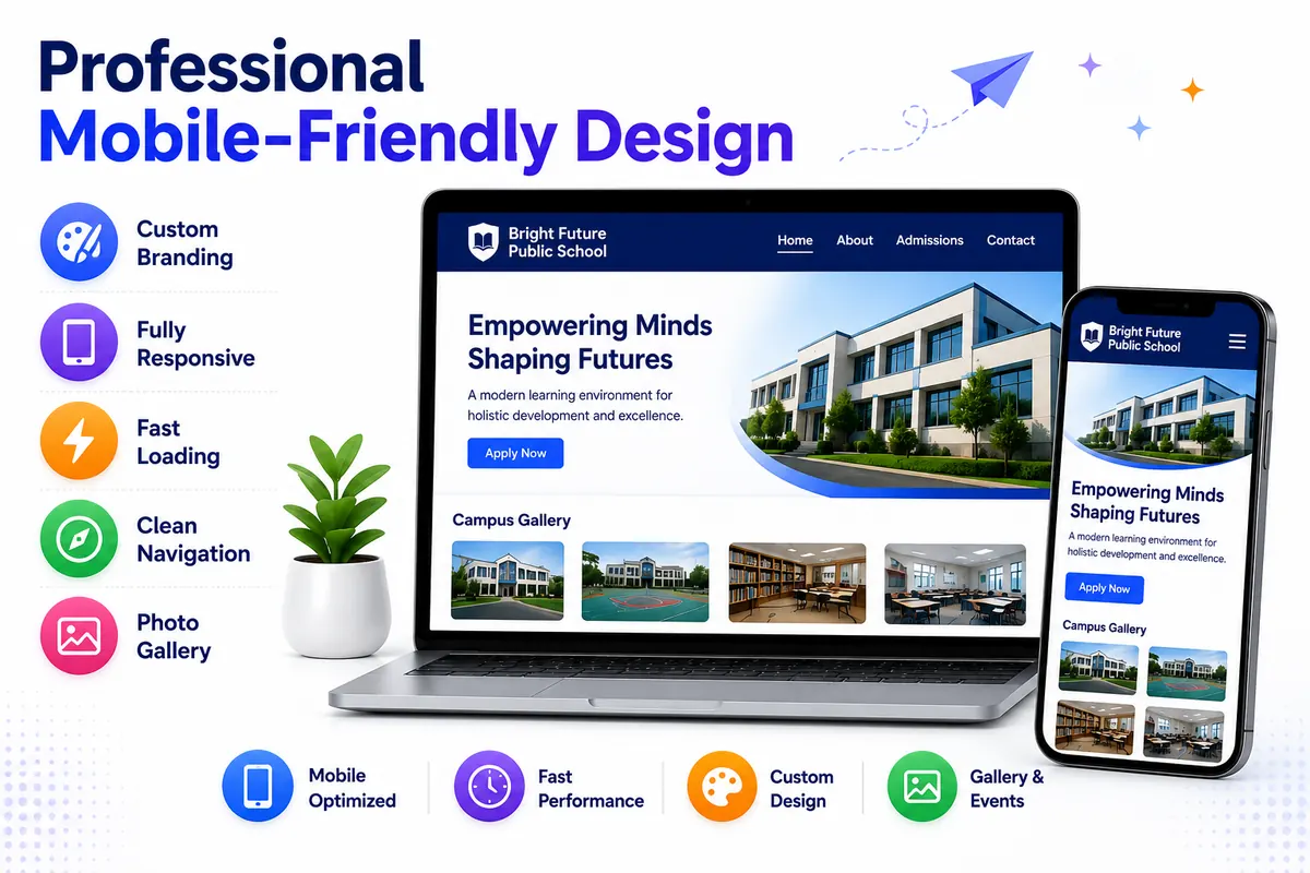 School website homepage design mockup — clean modern layout with hero section and admissions call-to-action