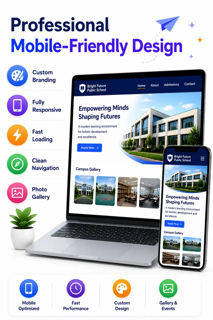 Professional school website design showing mobile-responsive layout with branding, homepage sections, and navigation menu