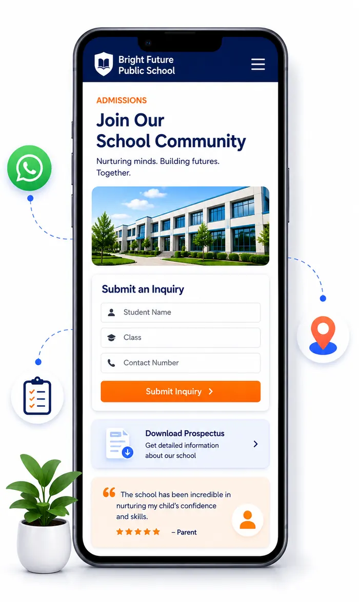 School admissions landing page design with inquiry form, call-to-action buttons, and clear admission process overview